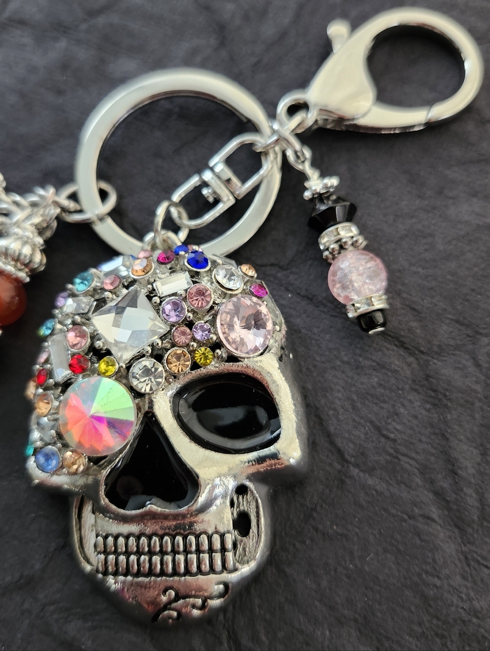 Rhinestone Skull Purse Charm or Keychain Carnelian Quartz Crystal Handcrafted